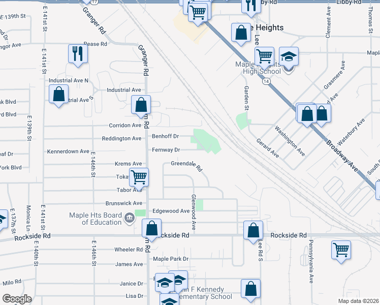 map of restaurants, bars, coffee shops, grocery stores, and more near 15700 Fernway Drive in Maple Heights