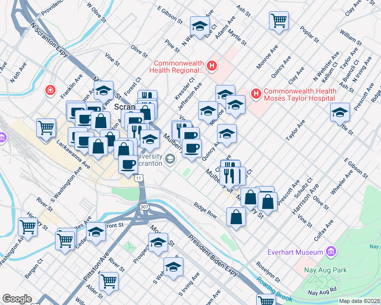 map of restaurants, bars, coffee shops, grocery stores, and more near 903 Mulberry Street in Scranton