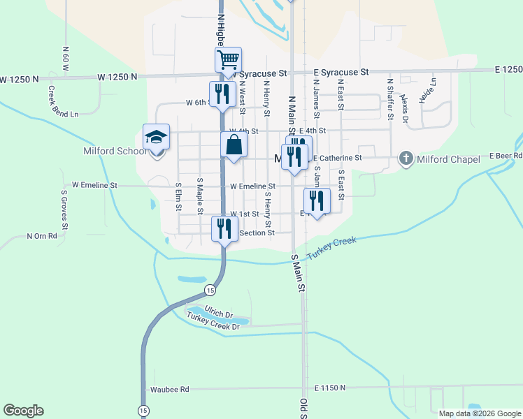 map of restaurants, bars, coffee shops, grocery stores, and more near 211 South Henry Street in Milford