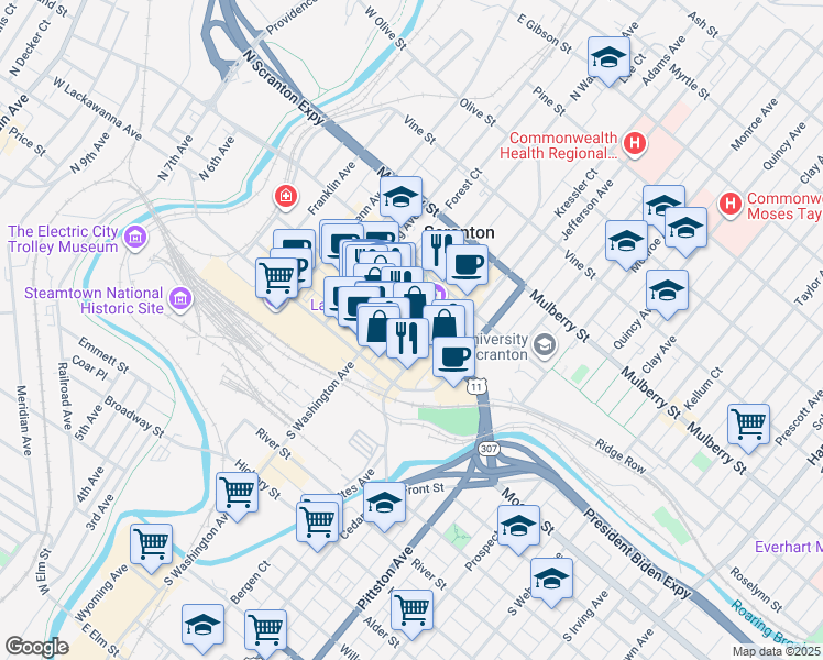 map of restaurants, bars, coffee shops, grocery stores, and more near 524 Spruce Street in Scranton