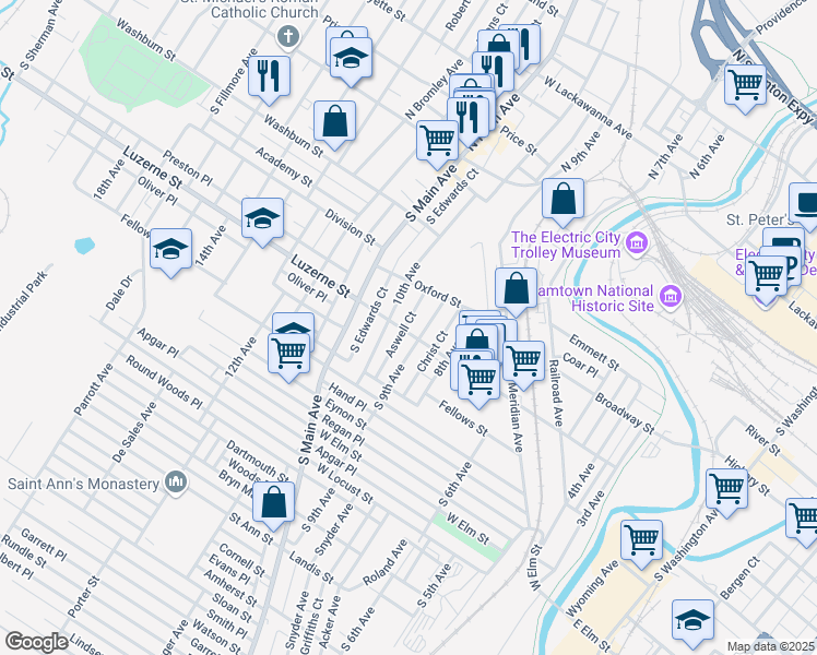 map of restaurants, bars, coffee shops, grocery stores, and more near 912 Luzerne Street in Scranton