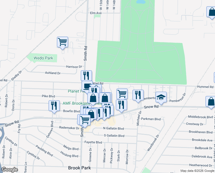 map of restaurants, bars, coffee shops, grocery stores, and more near 14909 Hummel Road in Brookpark