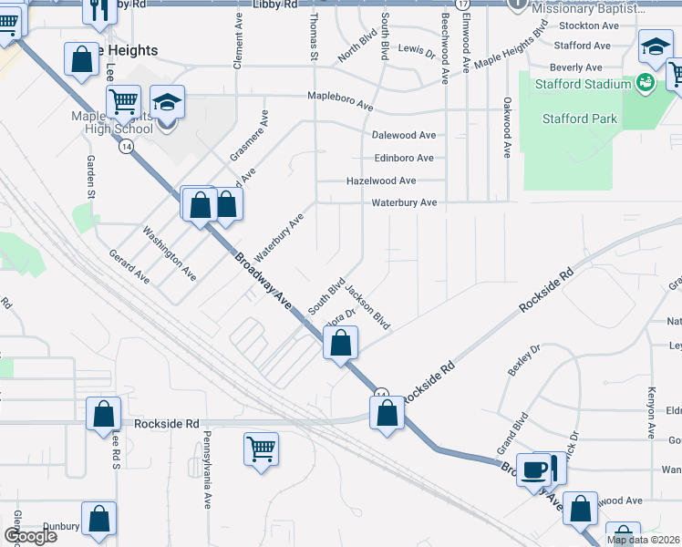 map of restaurants, bars, coffee shops, grocery stores, and more near 5670 South Boulevard in Maple Heights