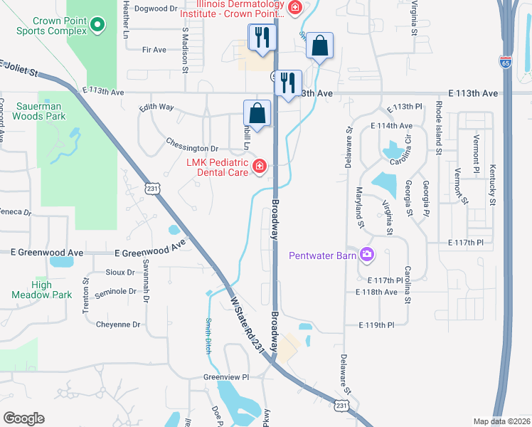 map of restaurants, bars, coffee shops, grocery stores, and more near 11610 Broadway in Crown Point