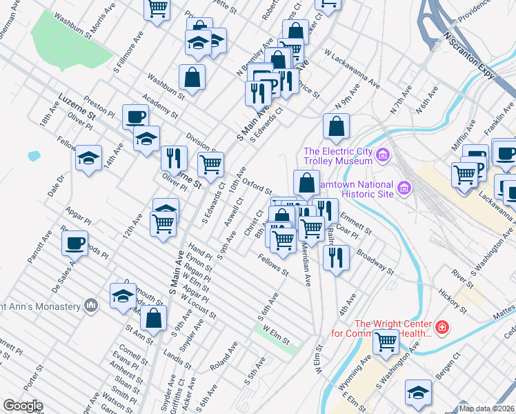 map of restaurants, bars, coffee shops, grocery stores, and more near 321 South 9th Avenue in Scranton