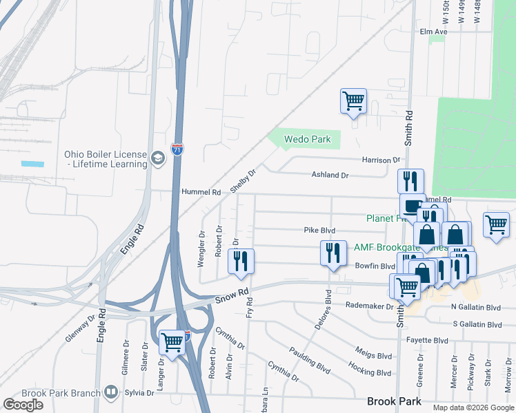 map of restaurants, bars, coffee shops, grocery stores, and more near 16426 Muskingum Blvd in Brook Park