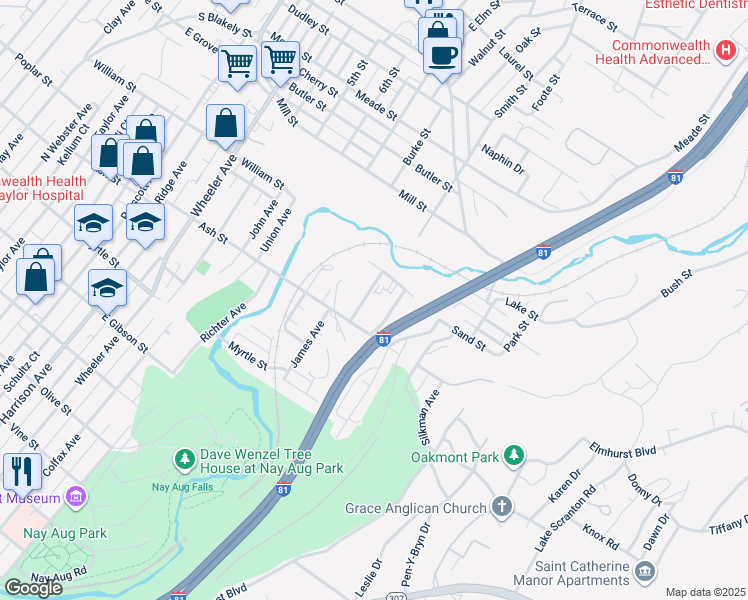 map of restaurants, bars, coffee shops, grocery stores, and more near 1028 Luke Ave in Scranton
