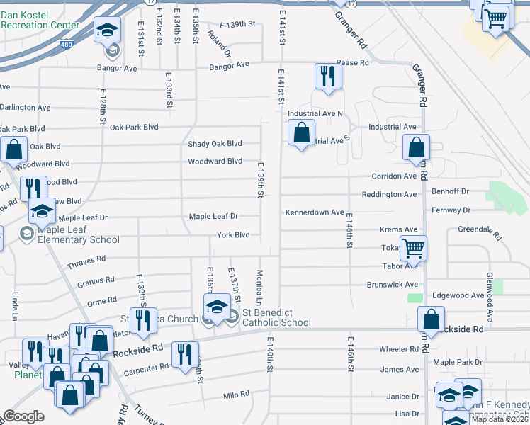 map of restaurants, bars, coffee shops, grocery stores, and more near 5723 East 139th Street in Garfield Heights