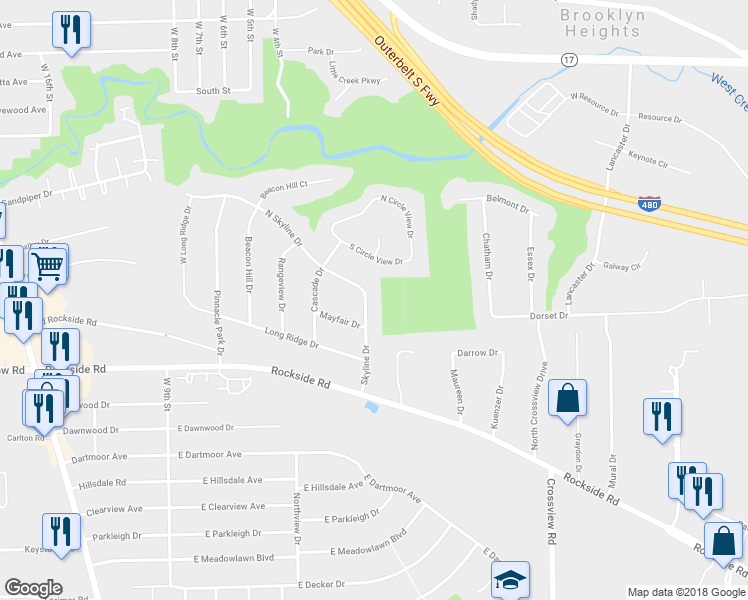 map of restaurants, bars, coffee shops, grocery stores, and more near 5705 Skyline Drive in Seven Hills