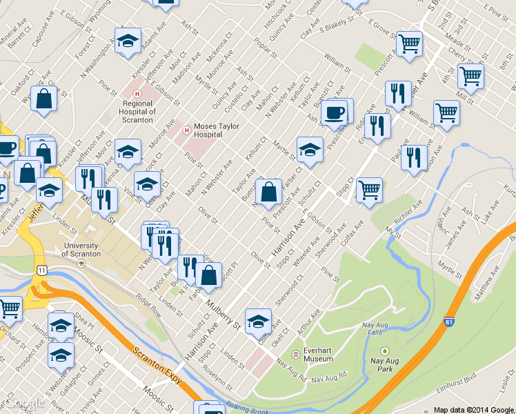 map of restaurants, bars, coffee shops, grocery stores, and more near 704 N Irving Ave in Scranton