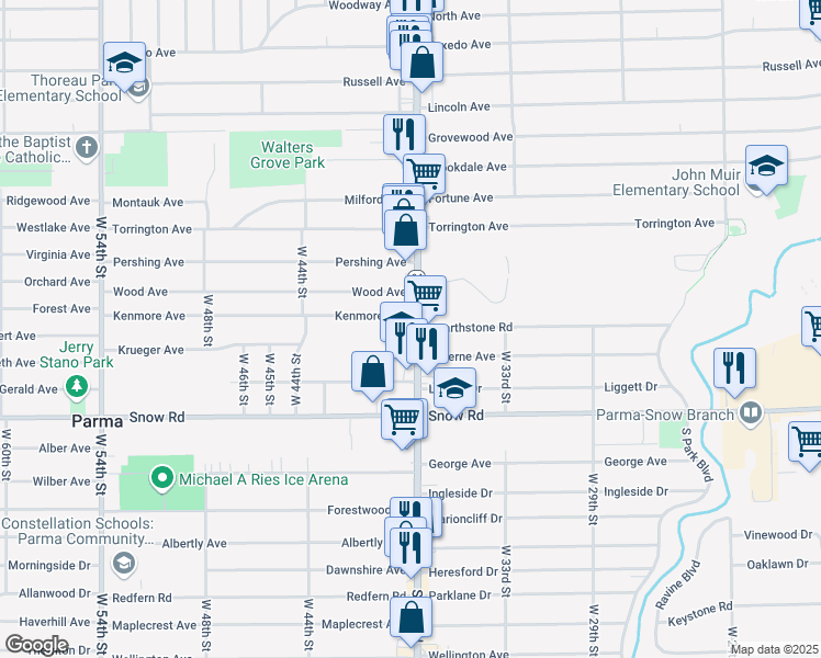 map of restaurants, bars, coffee shops, grocery stores, and more near 5670 State Road in Parma