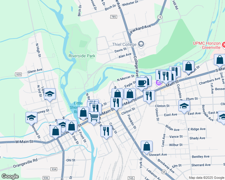 map of restaurants, bars, coffee shops, grocery stores, and more near 8 Eagle Street in Greenville