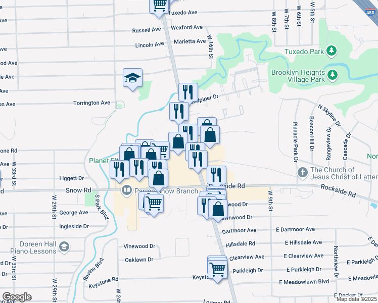 map of restaurants, bars, coffee shops, grocery stores, and more near 5690 Broadview Road in Parma