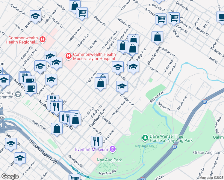 map of restaurants, bars, coffee shops, grocery stores, and more near 727 Prescott Avenue in Scranton