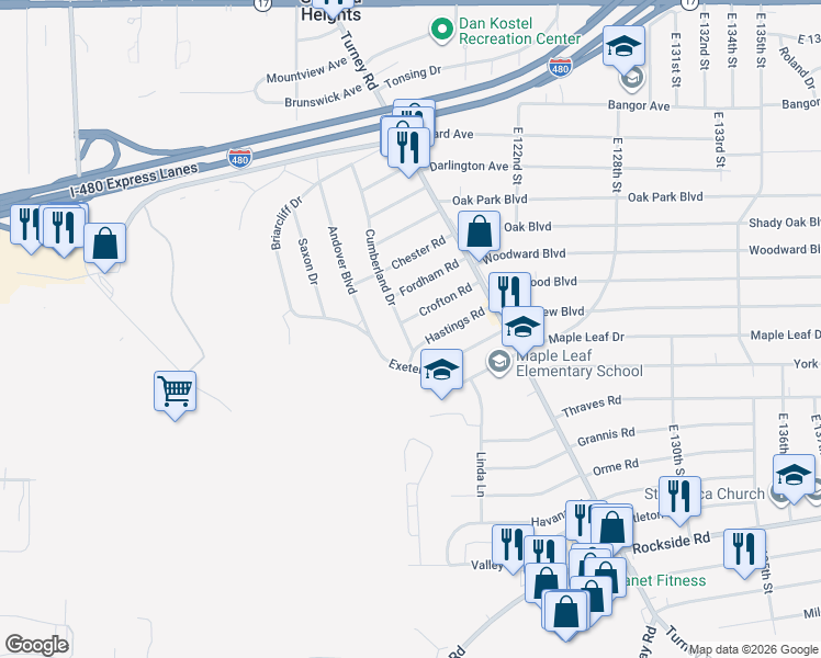 map of restaurants, bars, coffee shops, grocery stores, and more near 5711 Cumberland Drive in Garfield Heights