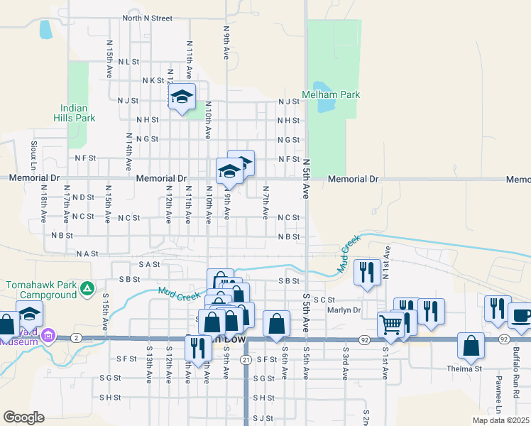 map of restaurants, bars, coffee shops, grocery stores, and more near 323 North 7th Avenue in Broken Bow