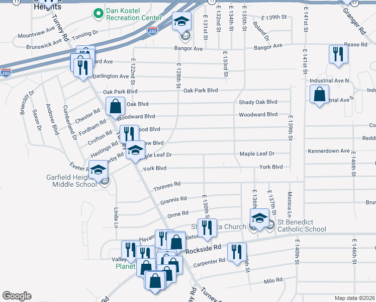 map of restaurants, bars, coffee shops, grocery stores, and more near 12809 Maple Leaf Drive in Garfield Heights