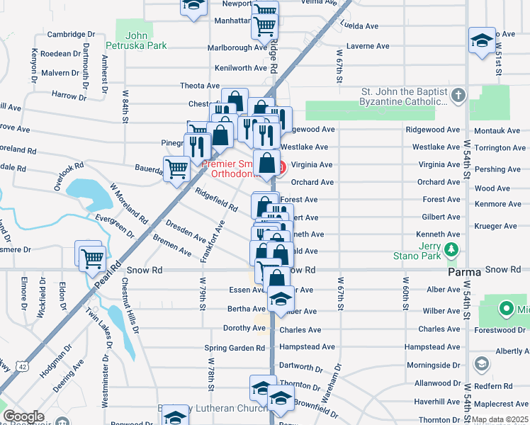 map of restaurants, bars, coffee shops, grocery stores, and more near 5700 Ridge Road in Parma