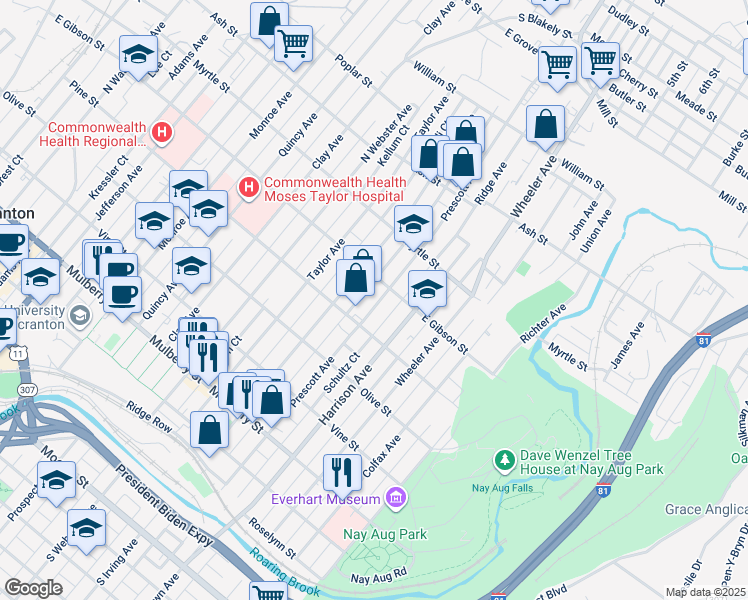 map of restaurants, bars, coffee shops, grocery stores, and more near 727 Prescott Avenue in Scranton