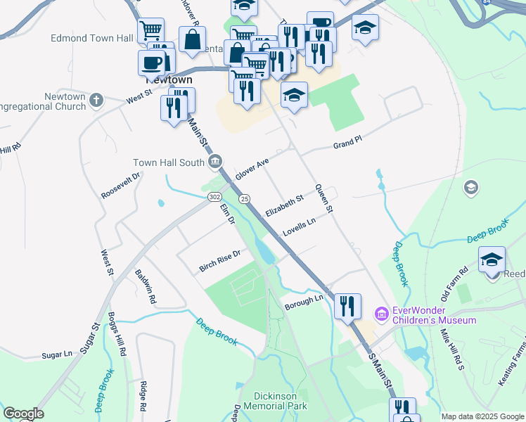 map of restaurants, bars, coffee shops, grocery stores, and more near 9 South Main Street in Newtown
