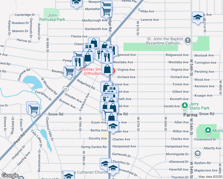 map of restaurants, bars, coffee shops, grocery stores, and more near 5700 Ridge Road in Parma