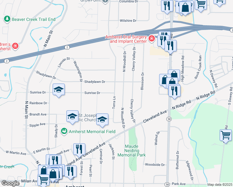 map of restaurants, bars, coffee shops, grocery stores, and more near 597 Terra Lane in Amherst