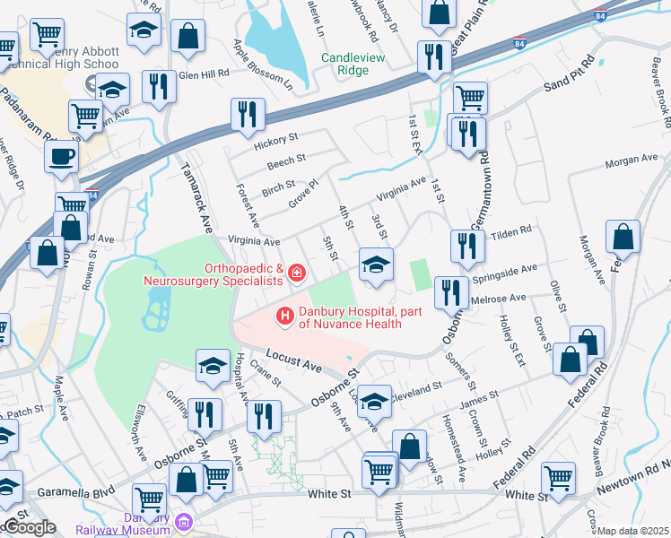 map of restaurants, bars, coffee shops, grocery stores, and more near 53 Hospital Avenue in Danbury
