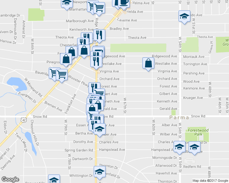 map of restaurants, bars, coffee shops, grocery stores, and more near 6902 Gilbert Ave in Parma