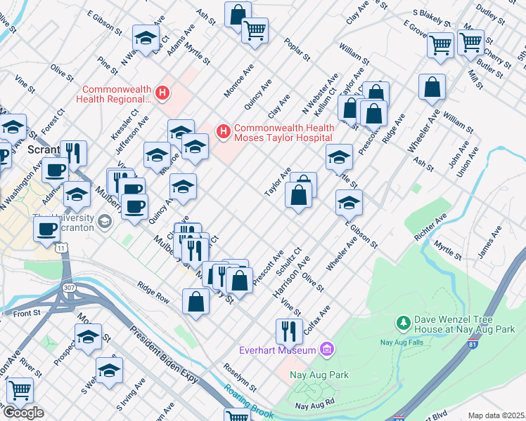 map of restaurants, bars, coffee shops, grocery stores, and more near 634 Taylor Ave in Scranton