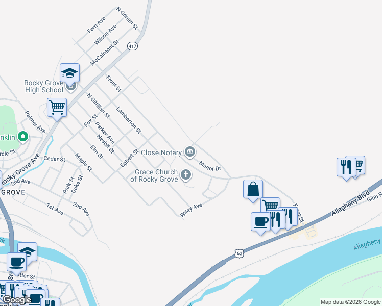 map of restaurants, bars, coffee shops, grocery stores, and more near 1 Crestview Drive in Franklin