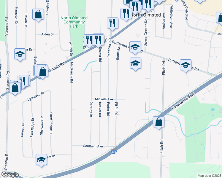 map of restaurants, bars, coffee shops, grocery stores, and more near 5673 Porter Road in North Olmsted