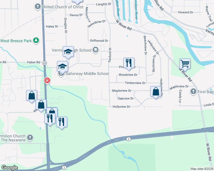 map of restaurants, bars, coffee shops, grocery stores, and more near 1418 Sanford St in Vermilion