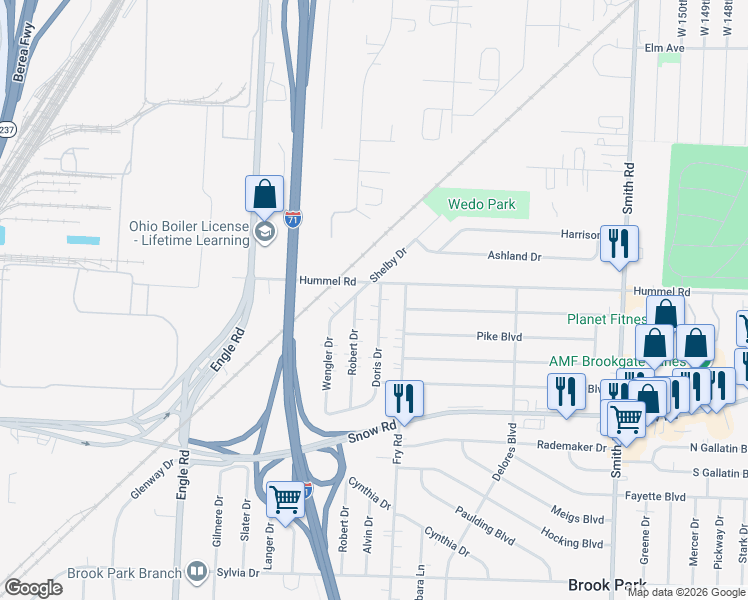 map of restaurants, bars, coffee shops, grocery stores, and more near 5724 Doris Drive in Brook Park