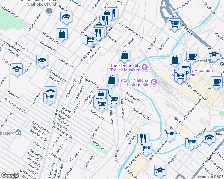 map of restaurants, bars, coffee shops, grocery stores, and more near 383 Meridian Avenue in Scranton