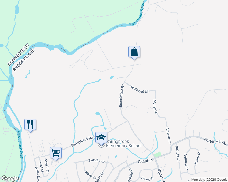 map of restaurants, bars, coffee shops, grocery stores, and more near 52 Boombridge Road in Westerly