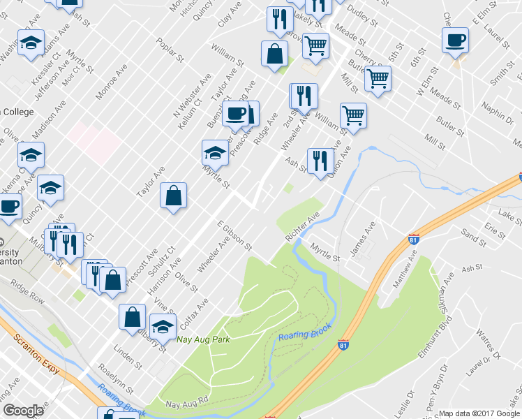 map of restaurants, bars, coffee shops, grocery stores, and more near 1703 Myrtle St in Scranton
