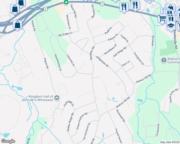 map of restaurants, bars, coffee shops, grocery stores, and more near 36 Chimney Drive in Bethel