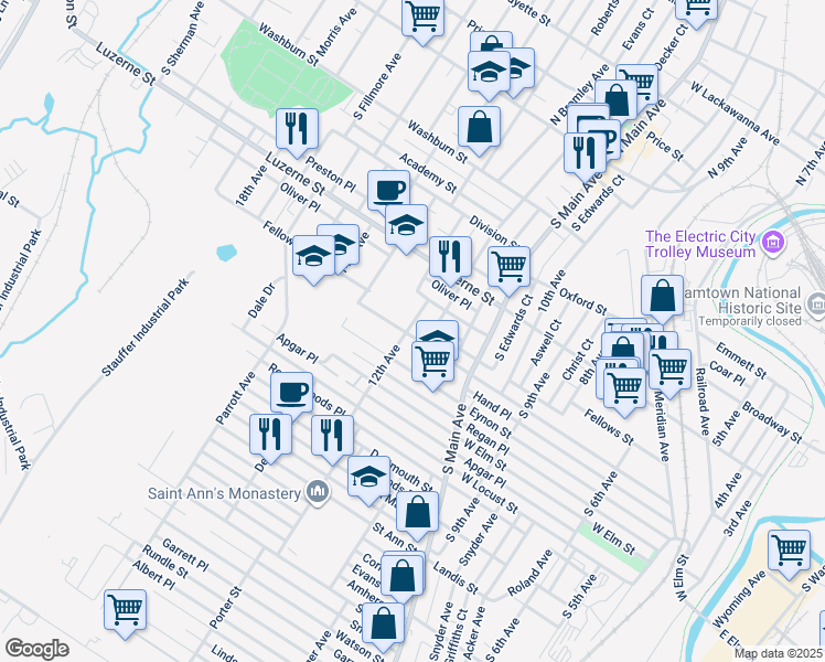 map of restaurants, bars, coffee shops, grocery stores, and more near 511 12th Avenue in Scranton
