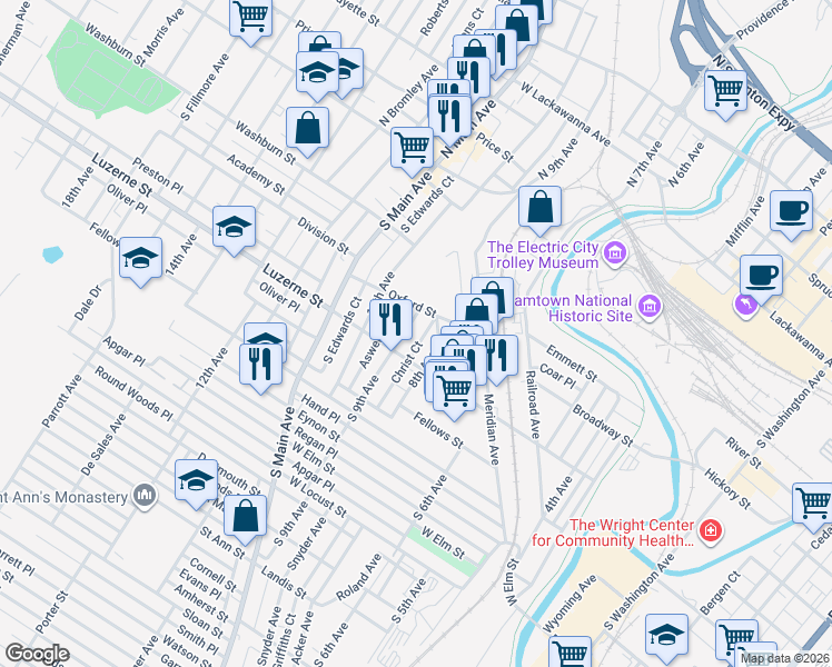 map of restaurants, bars, coffee shops, grocery stores, and more near 321 South 9th Avenue in Scranton