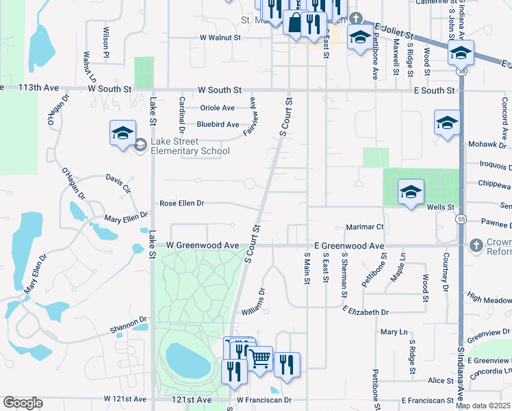 map of restaurants, bars, coffee shops, grocery stores, and more near 615 South Court Street in Crown Point