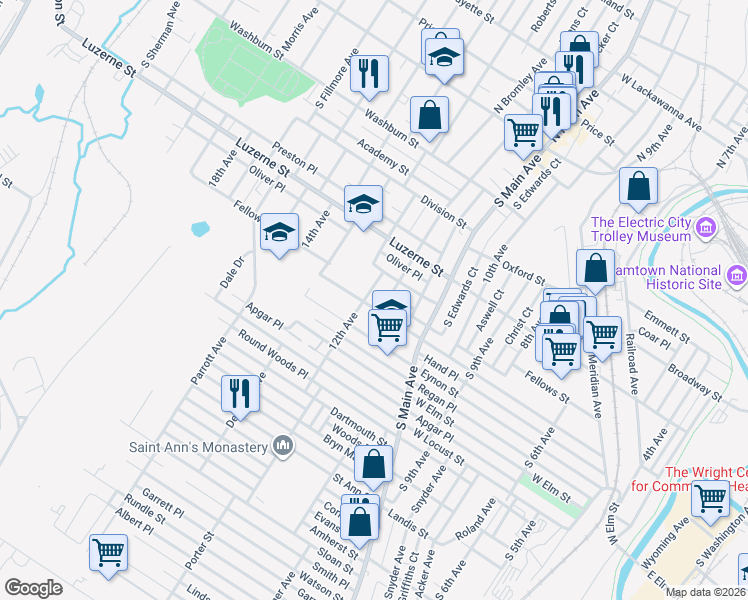 map of restaurants, bars, coffee shops, grocery stores, and more near 1148 Hampton Street in Scranton