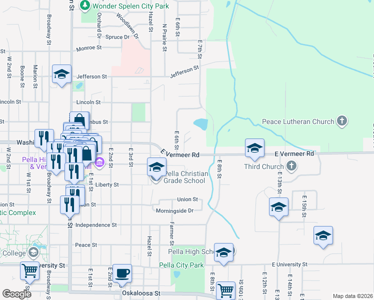 map of restaurants, bars, coffee shops, grocery stores, and more near 100 Vermeer Road in Pella