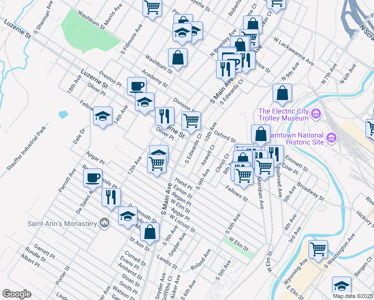 map of restaurants, bars, coffee shops, grocery stores, and more near 401 Edwards Court in Scranton