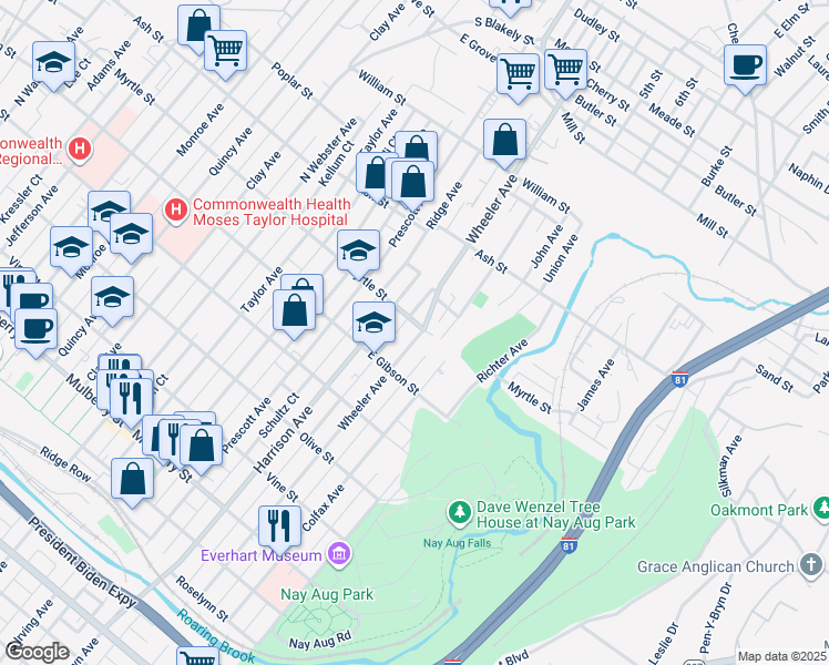 map of restaurants, bars, coffee shops, grocery stores, and more near 837R Wheeler Avenue in Scranton
