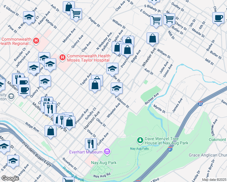 map of restaurants, bars, coffee shops, grocery stores, and more near 1523 31 East Gibson Street in Scranton