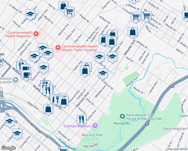map of restaurants, bars, coffee shops, grocery stores, and more near 727 Prescott Avenue in Scranton