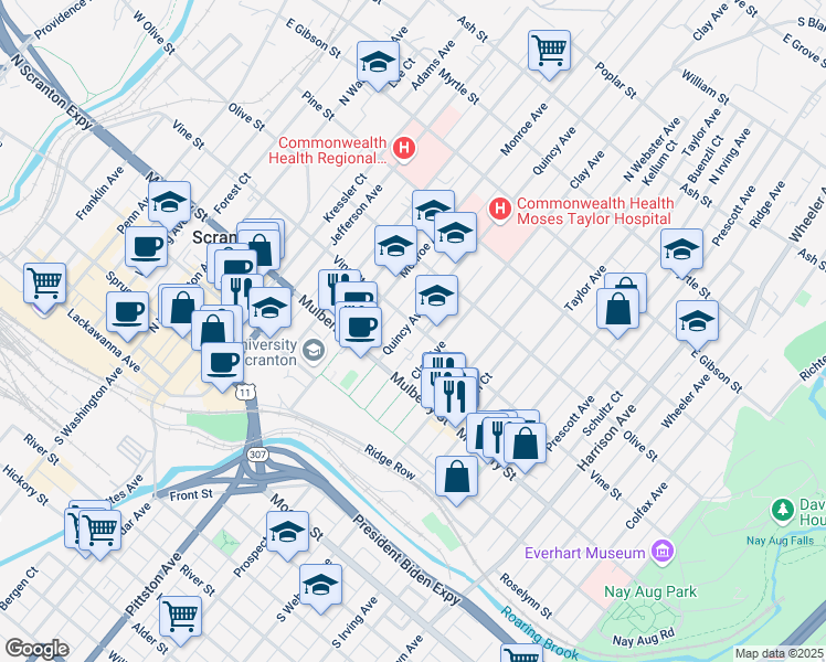 map of restaurants, bars, coffee shops, grocery stores, and more near 442-444 Quincy Avenue in Scranton
