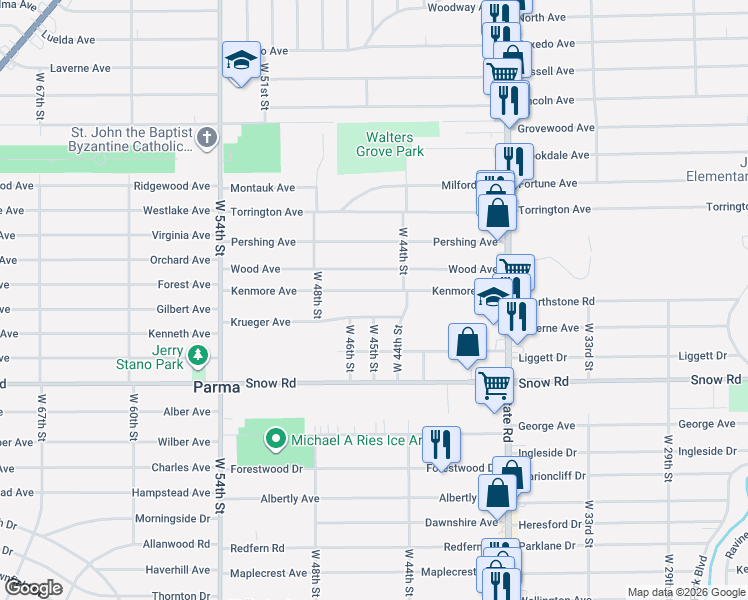 map of restaurants, bars, coffee shops, grocery stores, and more near 4419 Kenmore Avenue in Parma