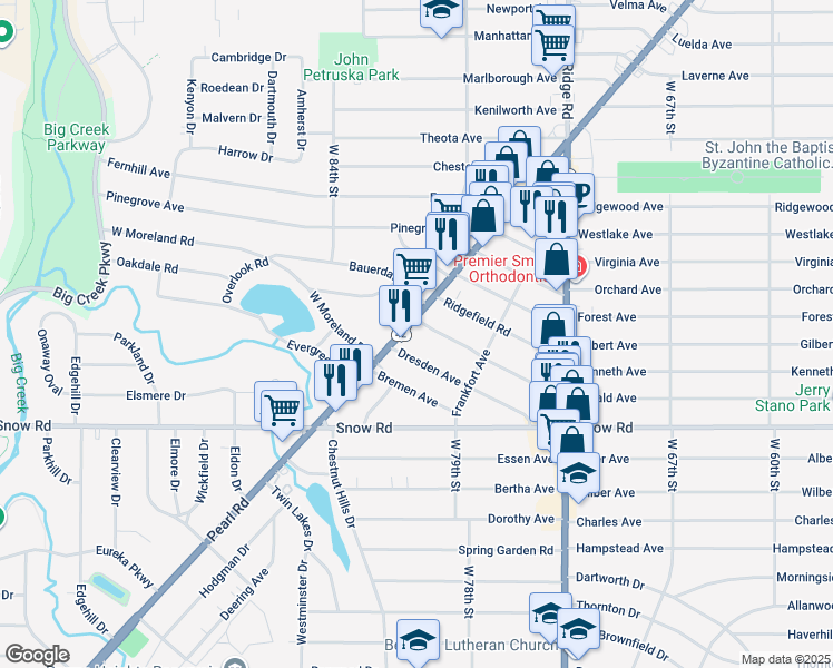 map of restaurants, bars, coffee shops, grocery stores, and more near 5683 Pearl Road in Parma