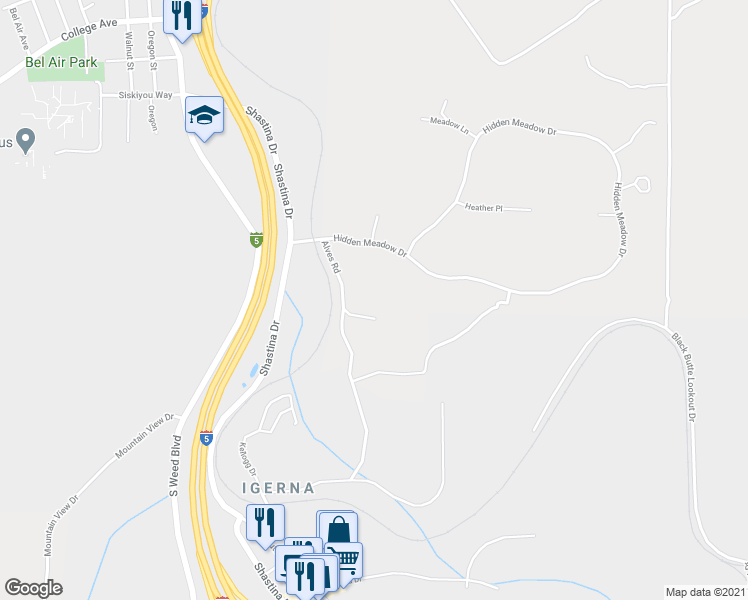 map of restaurants, bars, coffee shops, grocery stores, and more near 1324 Alves Road in Weed